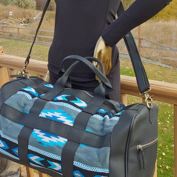 Handmade Saddle Blanket leather duffel bag black turquoise travel boho - Picture 12 of 12